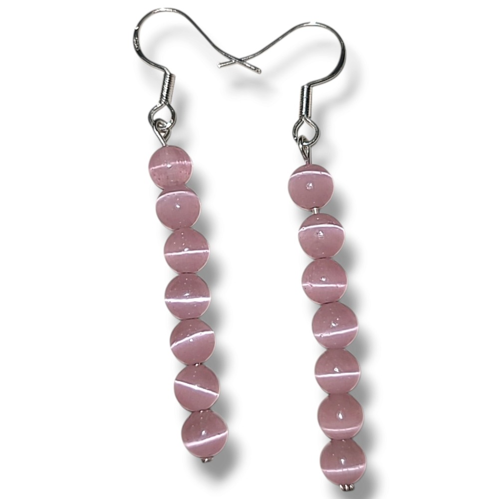 Pink Cat Eye Glass Bead Dangle Earrings Sterling Silver 925